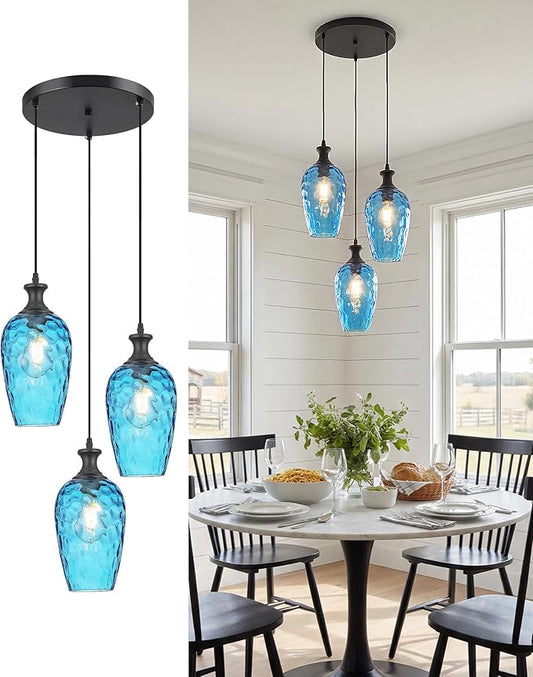 3-Light Pendant Lighting, Black Dining Room Chandelier Light Fixture Over Table with Blue Hammered Glass, Modern Cluster Hanging Lights for Kitchen Island Sink, E26