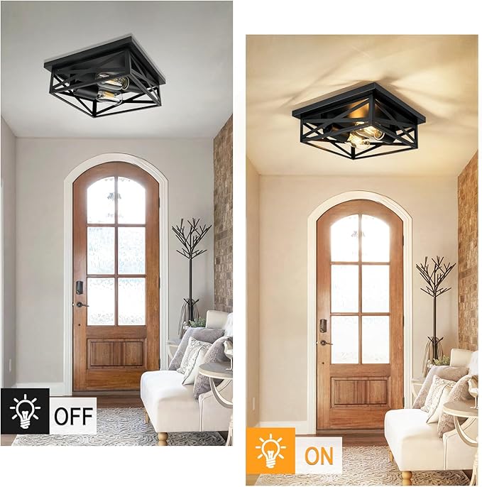 2-Light Flush Mount Ceiling Light Fixture, Square Farmhouse Ceiling Lights for Kitchen, Modern Black Close to Ceiling Light for Hallway Bedroom Balcony Porch Stairway, E26, (2 Pack)