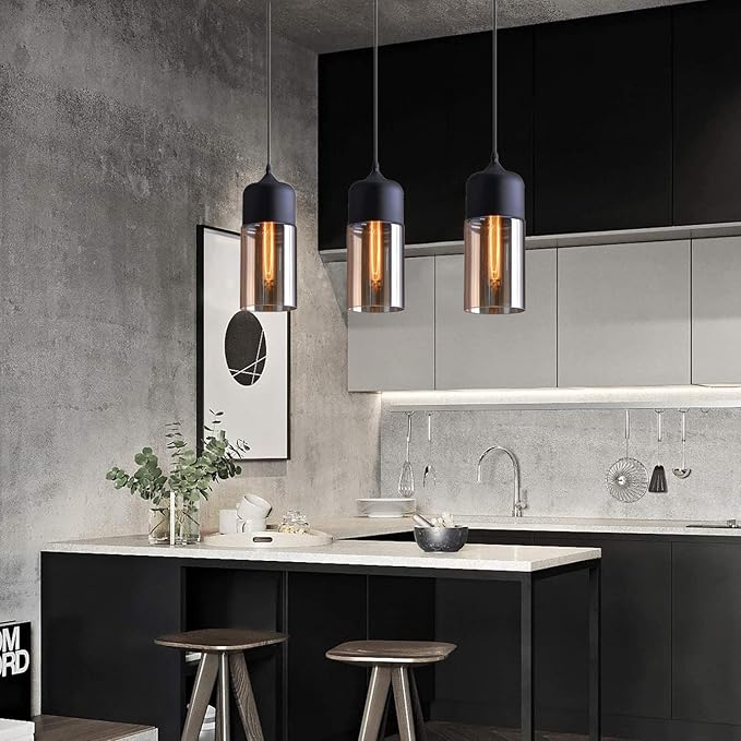 Glass Pendant Light, Black Modern Hanging Lamp with Amber Cylinder Shade, Vintage Industrial Farmhouse Pendant Lighting Fixture for Kitchen Island Dining Room Hallway