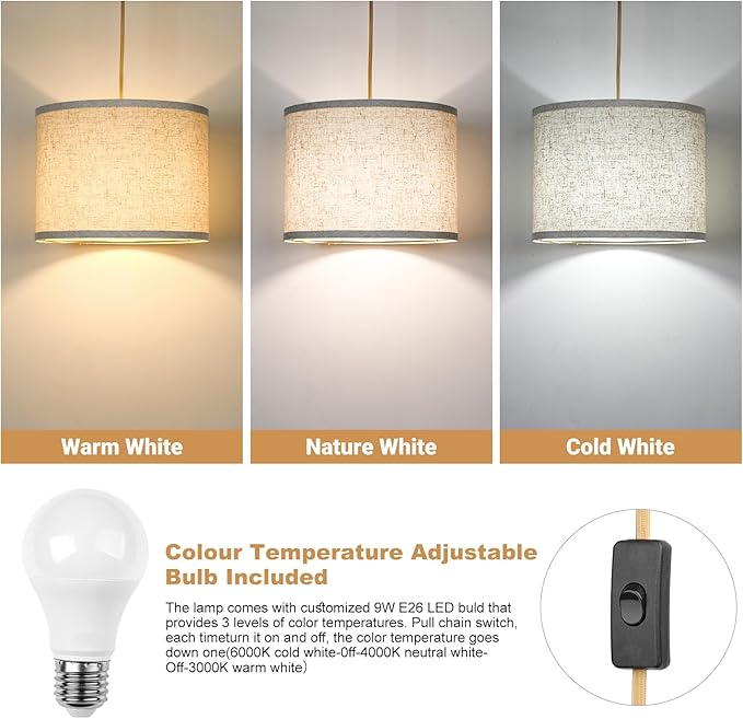 Qingmiao Boho Plug in Pendant Light, Hanging Lamp Plug in with Fabric Linen Shade, 3-Way Dimmable Hanging Light Fixture for Living Room Bedroom Kitchen Ceiling Farmhouse Home Decor