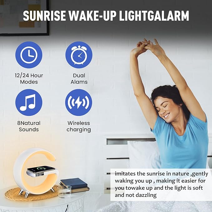 LeeNabao Smart LED Table Lamp, 4-in-1 Wireless Charger, Night Light, Alarm Clock, and Bluetooth Speaker with App Control for Bedroom, Office, and Home Decor (White)