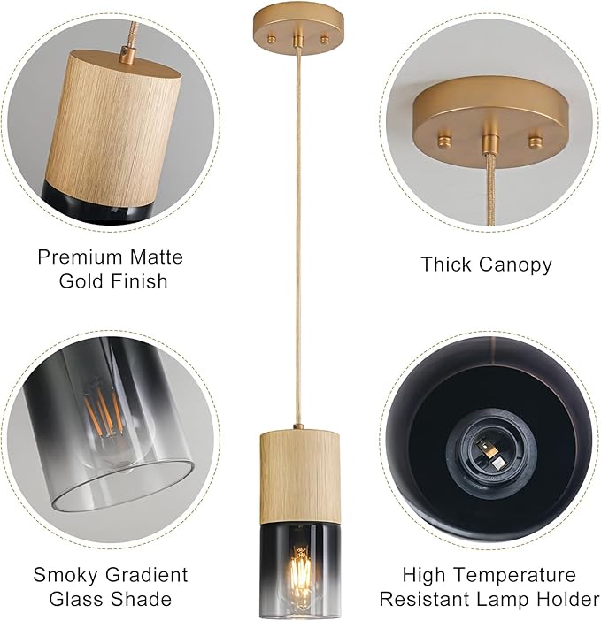 3-Pack Gold Pendant Light Fixtures, Adjustable Modern Black Pendant Lights for Kitchen Island, Industrial Glass Pendant Lights for Dining Table Hallway Bedroom Living Room