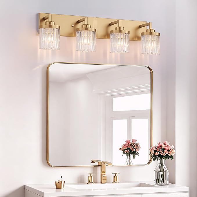 Modern Crystal Bathroom Light Fixtures, 4 Light Gold Vanity Lights, with Crystal Glass Shade, Industrial Bathroom Lighting Fixtures Over Mirror Wall Light for Bedroom Living Room