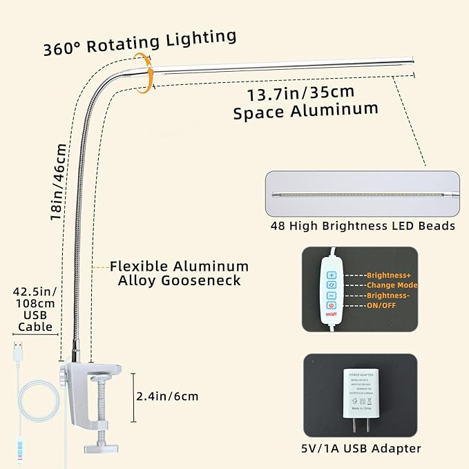 Space Aluminum LED Desk Lamp with Clamp, Clip on Light for Reading Study Desk Light 3 Modes 10 Brightness Flexible Gooseneck with USB Adapter Table Lamp for Home Office Computer Nail Work