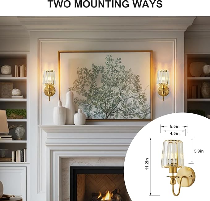 KARTOOSH Hardwired Crystal Wall Sconces Set of Two - Dimmable Wall Light Fixtures 3000K, Warm White, for Hallway, Bathroom, Living Room, Bedroom, Brass, 11.2 Inch