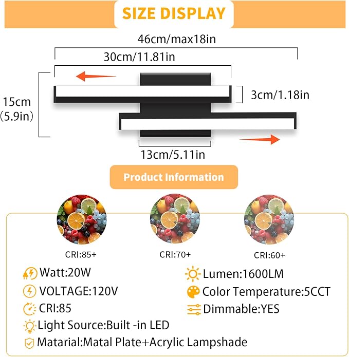 Bathroom Light Fixtures: 18-Inch Modern Bathroom Vanity Light ETL Certificated 5CCT Optional Wall Lights Over Mirror 20W, LED Vanity Light Bar 0-100% Dimmable - Wall Light Fixtures, 1 Pack
