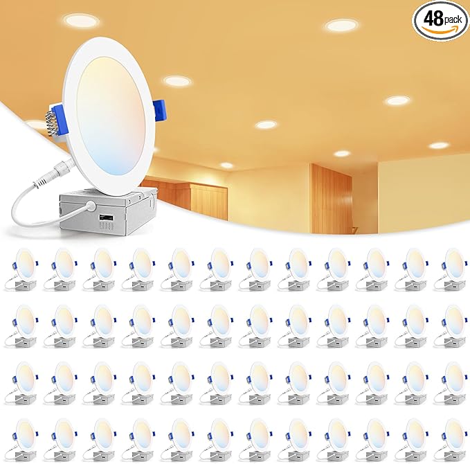 VOLISUN 48 Pack 6 inch Recessed Lighting, 5CCT Ultra-Thin LED Recessed Light with Junction Box, 2700K-5000K Selectable, 1080Lumen Dimmable Canless Wafer Downlight, LED Ceiling Light ETL Certificated