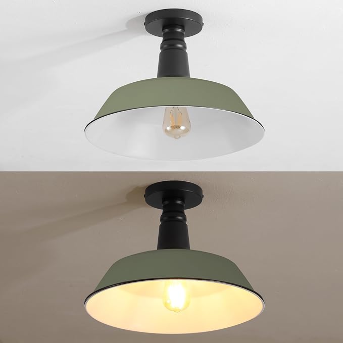 JONATHAN Y 14" Matte Olive Green/Black Industrial LED Semi Flush Mount Ceiling Light for Porch, Kitchen, Entryway, Modern Farmhouse Iron Fixture, White Metal Shade, LED Bulb Included (JYL7617I)
