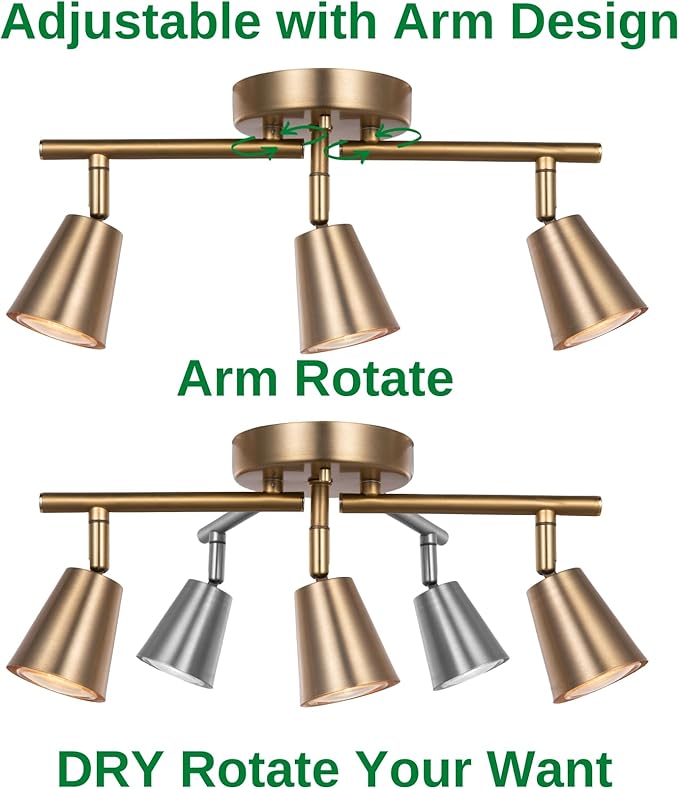3 Light Track Lighting Kit, Matte Brass Finish Adjustable Flexibly Rotatable Light Head Modern Ceiling Spot Light for Kitchen,Bedroom,Living Room