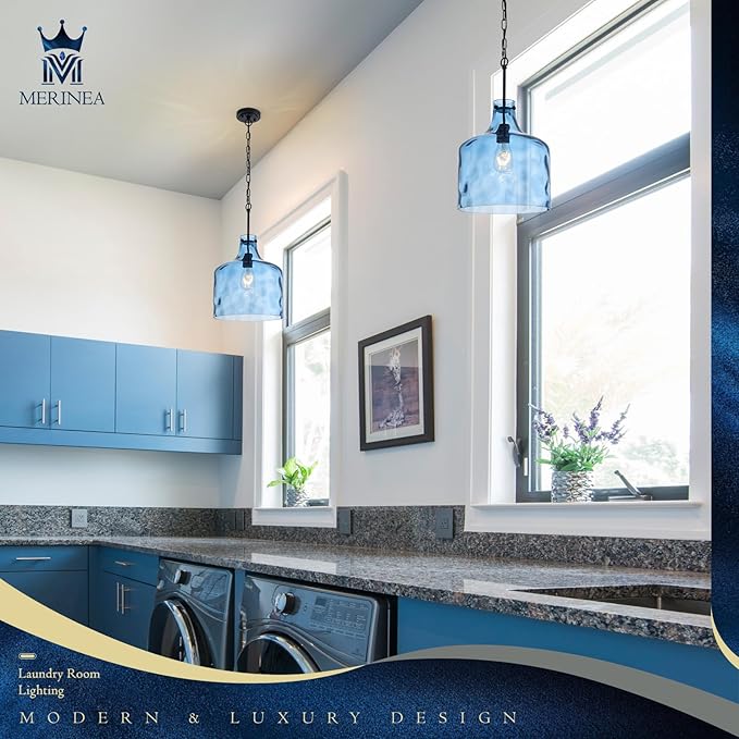 Farmhouse Pendant Light – Hand-Blown Blue Hammered Glass Shade, Black Finish, E26 Socket, Adjustable Chain Hanging Light Fixture for Kitchen Island, Dining Room & Hallway, 15" H x 12" D