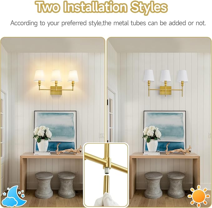 Bathroom Light Fixtures,23.6 IN Bathroom Vanity Lights Over Mirror，3-Light Antique Brass Vintage Wall Sconce With Flared White Fabric Lampshade For Bedroom,Living Room,Foyer,Hardwired,E12 Base