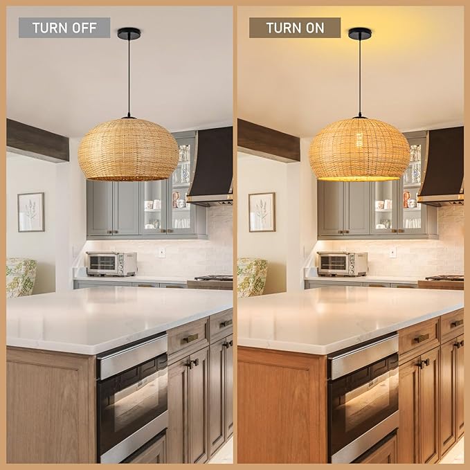 18.93in Bamboo Pendant Lights Wicker Light Hand-Woven Rattan Light Fixture Boho Coastal Ceiling Chandelier Lighting for Beach Kitchen Island Restaurant Hallway Dining Room Bedroom