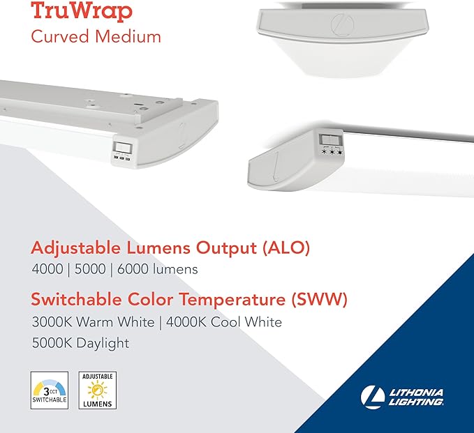 Lithonia Lighting TruWrap 4 Foot LED Ceiling Light Fixture, Low-Profile Wraparound LED Shop Light, Adjustable Lumens, Selectable Warm White/Cool White/Daylight Color, Curved Diffuser, Medium Width