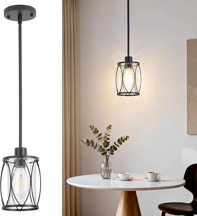 Glass Pendant Lights Kitchen Island Black Pendant Light Fixtures Adjustable Modern Mini Hanging Light with Clear Glass for Sink Dining Room Foyer Entryway Bar, 1 Pack