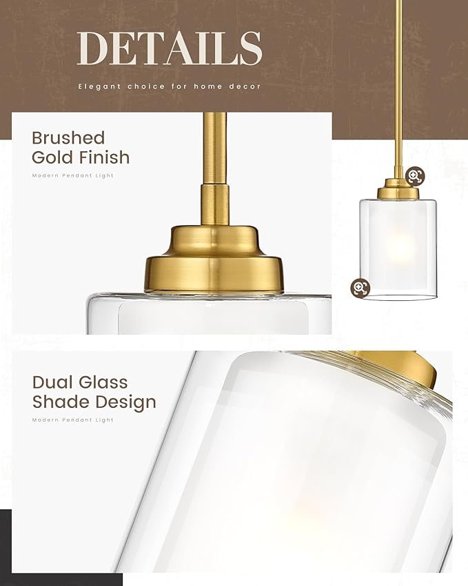 TENGXIN Modern Pendant Light,6-in Brushed Gold Modern Pendant Light for Kitchen Island,Hanging Ceiling Light Fixture,Farmhouse Pendant Lighting for Dining Room Bedroom Bar Office 2Pack,TXPLBG02-2PK-L