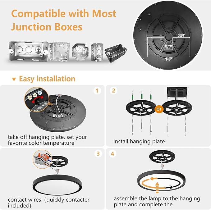 4PK 15.8 Inch Led Ceiling Light Flush Mount, 32W, 3480LM, 3000K/4000K/6000K CCT Selectable Super Slim Ceiling Light, Close to Ceiling Round Flat Panel Fixture for Hallway, Bedroom,Kitchen, Black