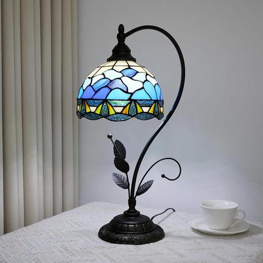 Blue Ocean Shell Style Tiffany Stained Glass Metal Leaf Base Table Lamp Retro Bedroom Bedlight Living Room Dining Room Home Decoration Desk Lamp