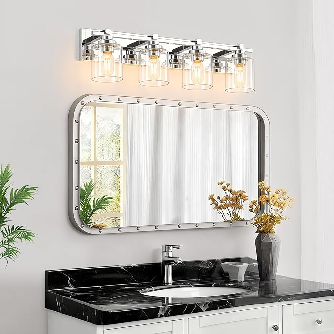 4 Light Modern Bathroom Light Fixtures Over Mirror, Chrome Vanity Lights for Bathroom Wall Sconces with Clear Glass Shades, E26 Socket (Bulbs Not Included)