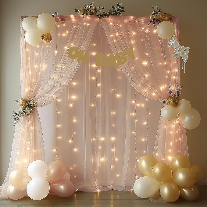 10x10ft Champagne Tulle Backdrop Curtain with Lights String Sheer Drapes for Wedding, Birthday, Baby Shower, Bridal Shower, Photo Booth, Party, Home Decor (2 Panels)