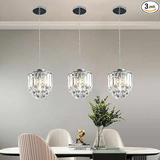 TFCFL 3 Pcs Crystal Chrome Ceiling Pendant Light Fixture, Chrome Pendant Light with Crystal Beads Modern Pendant Hanging Lighting Fixture for Dining Room Hallway