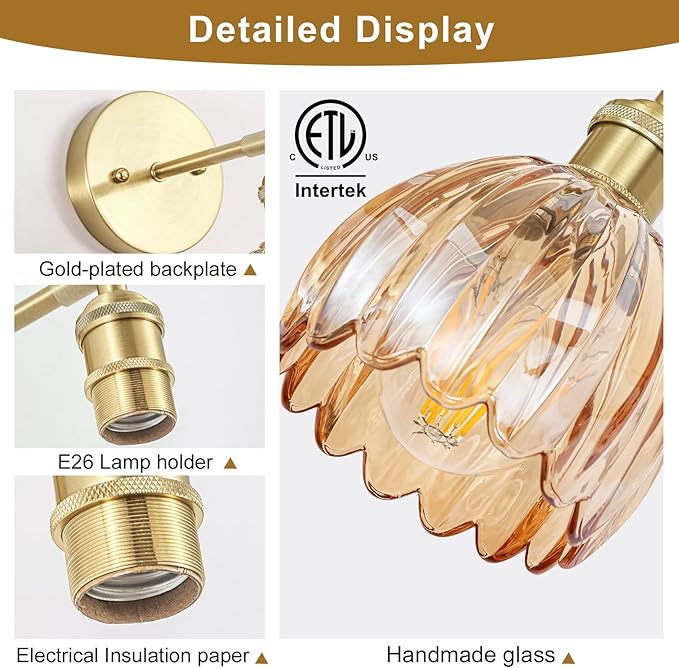 Hardwired Wall Sconces Set of Two, Vintage Wall Lights with Amber Tulip Glass Lampshade, Gold Wall Lamps for Bedroom Bedside Stairway Bathroom Living Room (Bulbs Not Included, Not Battery Powered)