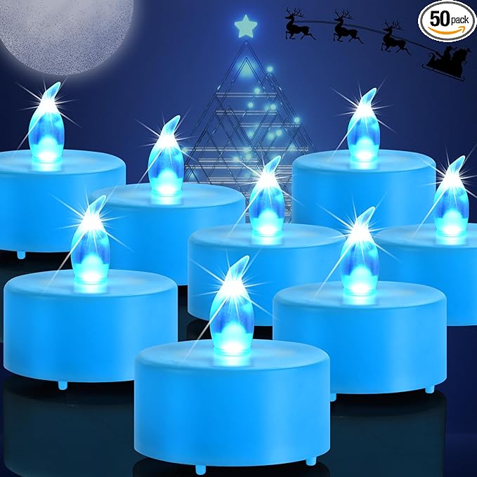 Flameless Tea Lights Candles, Battery Operated Led Electric Fake Candle, 50 Pack Realistic Flickering Votive Tealight Bulk, Long Lasting 200+ Hours,for Wedding Party Home Decorations (Blue)