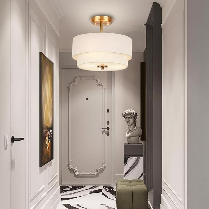 3-Light Semi Flush Mount Ceiling Light Fixture, 12.6" Gold Drum Light with White Fabric Shade, Modern Close to Ceiling Light for Living Room Bedroom Dining Room Kitchen Hallway Entry Foyer