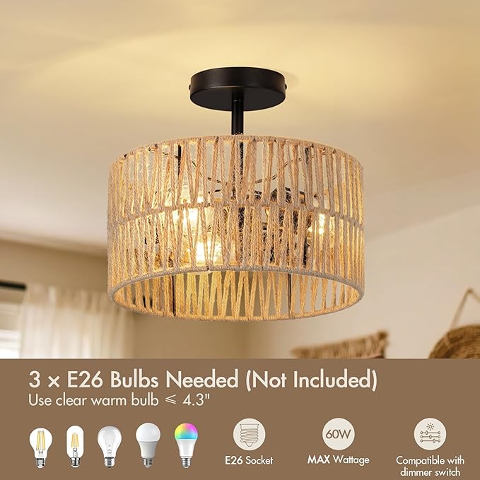 Boho Semi Flush Mount Ceiling Light Fixture Woven Rope Drum Lamp Natural Rattan Lighting for Bedroom Kitchen Hallway Entryway Closet Rustic Farmhouse Modern Bohemian Light Fixtures
