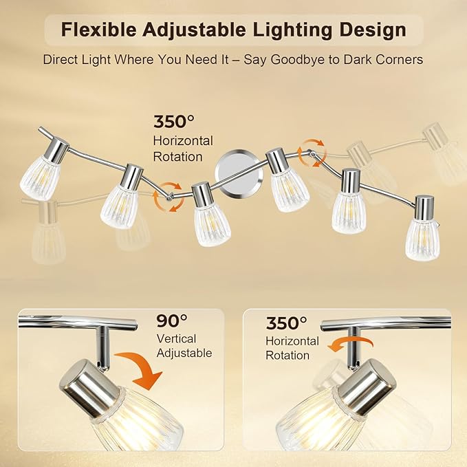 HiBay 6-Light Track Lighting, Flexible Ceiling Light Fixture w/Glass Shades, Modern Chrome Track Spot Lights Indoor for Kitchen, Living Room, Bedroom, E12 Base, No Bulbs