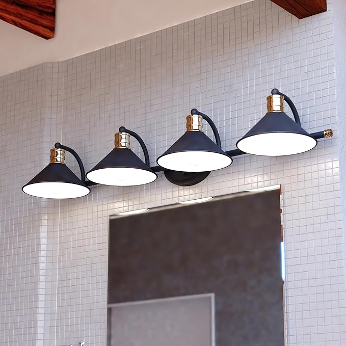 VAXCEL Akron 4-Light 38 inch Wide Matte Black and Natural Brass Industrial Bathroom Vanity Lighting Fixture, Metal Shade, Dimmable, LED Compatible, Over The Mirror Mounted Steel Wall Sconce
