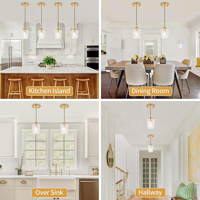 3 Pack Gold Pendant Lights Kitchen Island, Hammered Glass Pendant Lighting Over Island, Modern Hanging Kitchen Light Fixtures Over Sink Adjustable Mini Pendant Light for Bathroom Hallway Dining Room