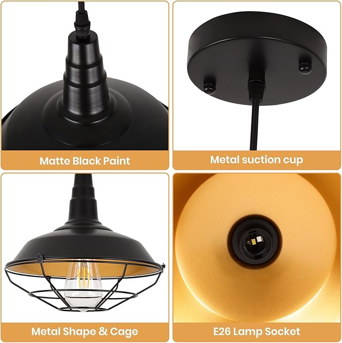 Farmhouse Pendant Lights Kitchen Island, 10.2" Black Kitchen Pendant Lighting Over Island, Industrial Vintage Hanging Light Fixtures Rustic Metal Wire Cage Pendant Light, 1 Pack