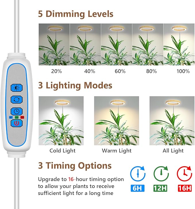 Aokrean Grow Lights for Indoor Plants, Full Spectrum Plant Lights for Indoor Growing, Height Adjustable 10"-65" Faux Wood Grain Grow Lamp with 6/12/16H Timer, 3 Optional Spectrums, 5 Brightness