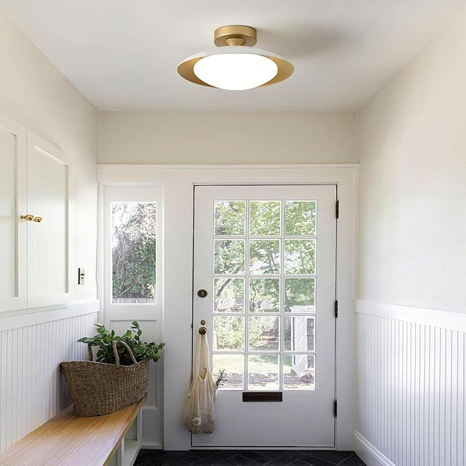 Dimmable Modern Mid-Century Ceiling Light, White and Gold LED Semi Flush Mount Ceiling Light, 5CCT 2700K-6000K Lighting Fixture Ceiling Lamp with Glass Shade for Bedroom Hallway Kitchen, 12.6in