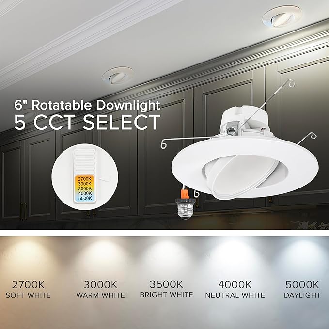 Maxxima 5 in. and 6 in. Rotatable LED Retrofit Downlight Gimbal, 1100 Lumens, 11 Watts, 5 CCT 2700K/3000K/3500K/4000K/5000K, Dimmable, Plastic White Trim