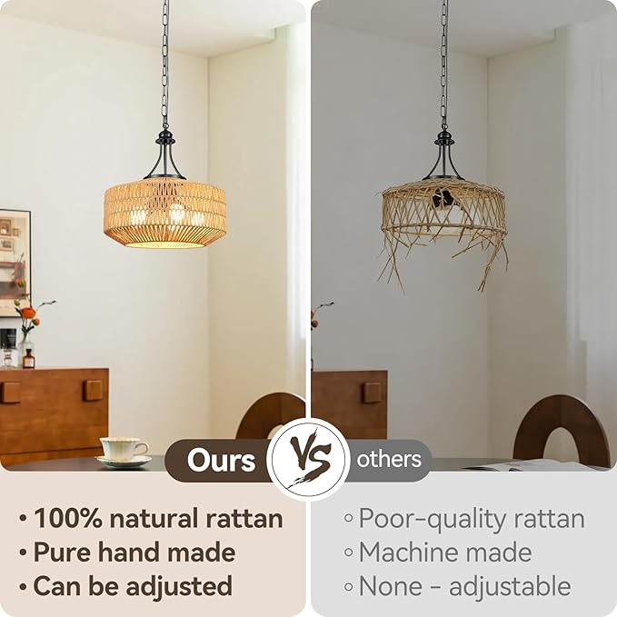5-Light Rattan Pendant Light, 18.8" Large Boho Chandeliers for Living Room, Dining Room, Hand Woven Wicker Fixture with Adjustable Cord, Coastal Farmhouse Hanging Lamp for Kitchen Island