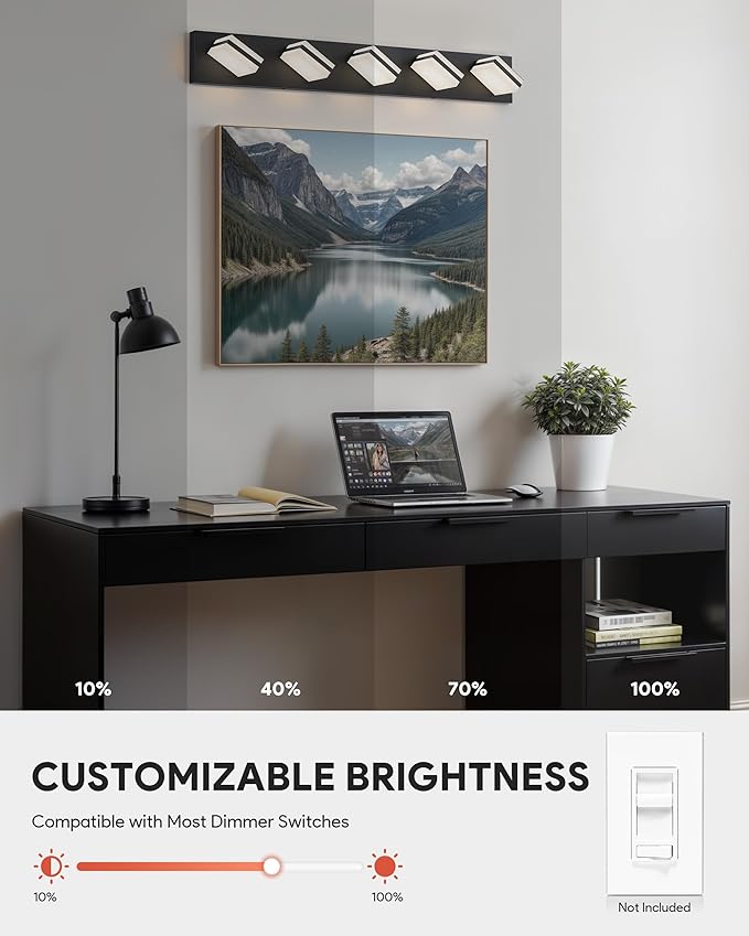 VONLUCE Bathroom Vanity Light Fixture, 5-Light Modern LED Vanity Light, 3CCT Adjustable Bathroom Lights with Memory Function Rotatable Shades, 34" Wall Lighting Fixture Over Mirror, Matte Black