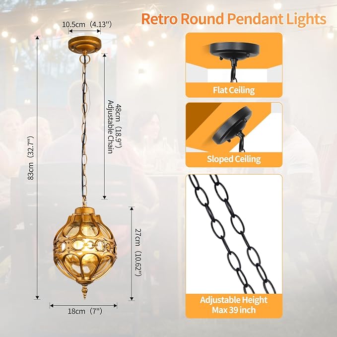 Globe Outdoor Pendant Lights,Vintage Exterior Hanging Pendant Light Fixtures with Adjustable Chain, Aluminum Brass Outdoor Chandelier for Porch, Gazebo, Entryway,No Sensor,General