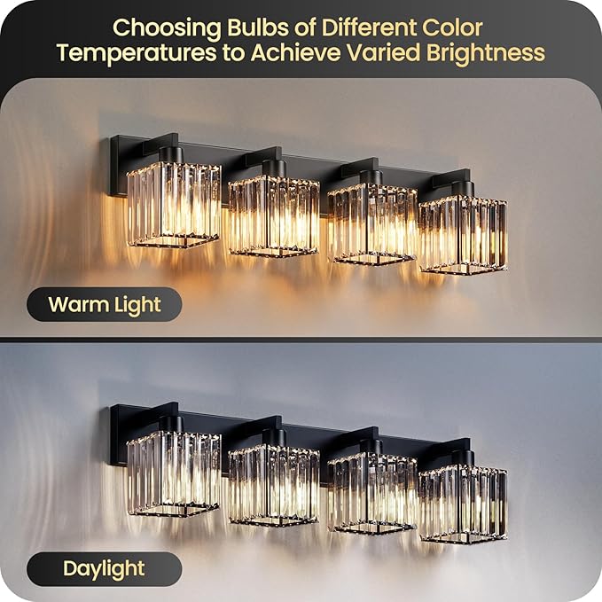 Modern Crystal Vanity Light, 4-Light Bathroom Light Fixture, 30.7"Square Vanity Lighting Fixture, E26 Base, Bulbs Not Included, for Bathroom,Vanity Light Over Mirror, Hallway,Black B11BD05W1