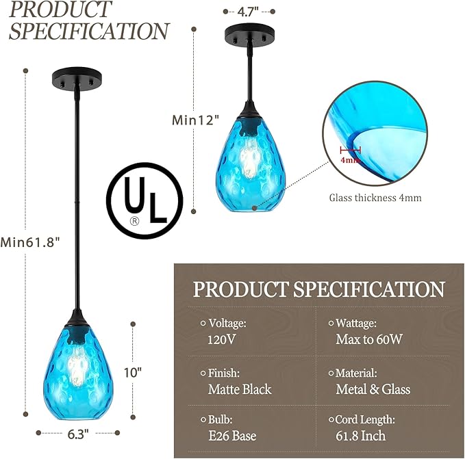 Black Pendant Lights Kitchen Island 2 Pack, Modern Blue Glass Pendant Light Fixtures with Hammered Glass and Rods, Adjustable Small Hanging Light for Kitchen Sink Dining Room Bathroom
