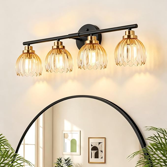 TALOYA Bathroom Vanity Light Fixtures, 4-Light Black and Gold Wall Lights for Mirror with Gradient Amber Tulip Glass Shades, Over Sink Lighting for Bedroom, Living Room, Hallway