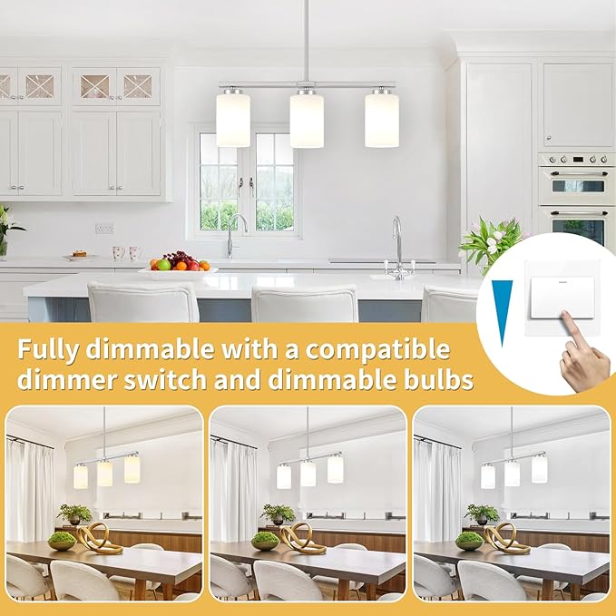 Brushed Nickel Island Lights for Kitchen, 3-Light Dining Room Light Fixtures Modern Linear Chandeliers Over Table White Frosted Glass Adjustable Hanging Lights Kitchen Pendant Lighting Over Island