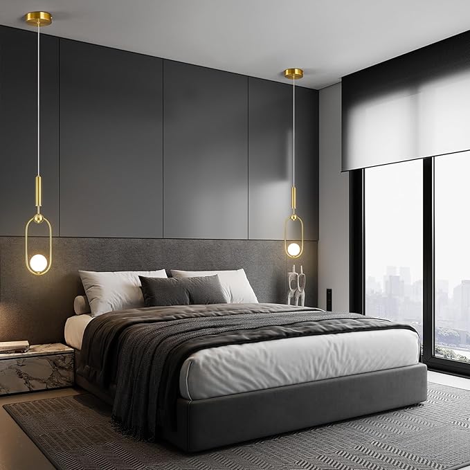 Modern Oblong Glass Pendant Light fixtures 1-Light, Simplicity Gold Pendant Lighting, Mid Century Chandelier for Kitchen Island Dining Room Bedroom Entryway Hallway(2-Pack)