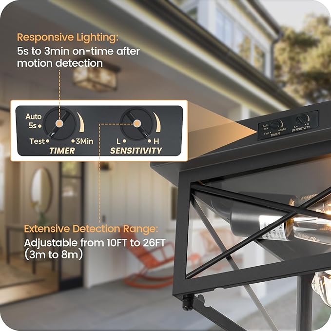 Outdoor Ceiling Light Fixture, Motion Sensor Outdoor Porch Light Ceiling Mount, 2-Light Metal Close to Ceiling Light Fixture with Glass Shade, 3 Modes, Bulbs Not Included, Black BT09XD05