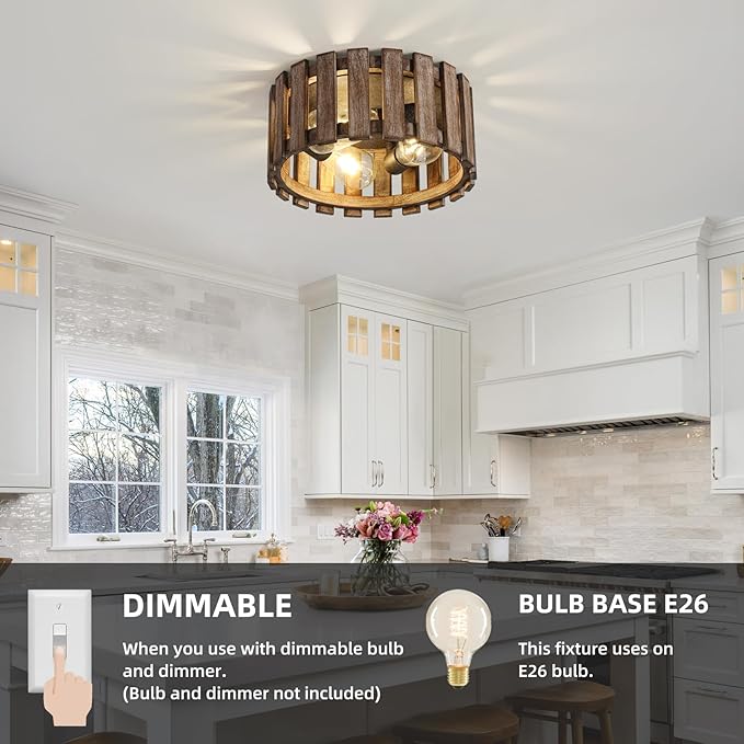 Farmhouse Flush Mount Ceiling Light, 12.2 Inch 3-Light Metal and Wood Close to Ceiling Light Fixture, Rustic Ceiling Light for Kitchen, Dining Room, Living Room, Hallway
