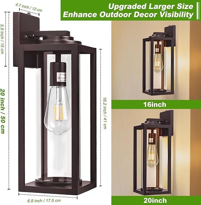 FILIYANO 20inch Dusk to Dawn Outdoor Wall Light Fixtures - 2 Packs Large Exterior Waterproof Outdoor Lighting, Modern Porch Sconces Wall Mounted Lighting, Industrial Outside Lantern for Front Door