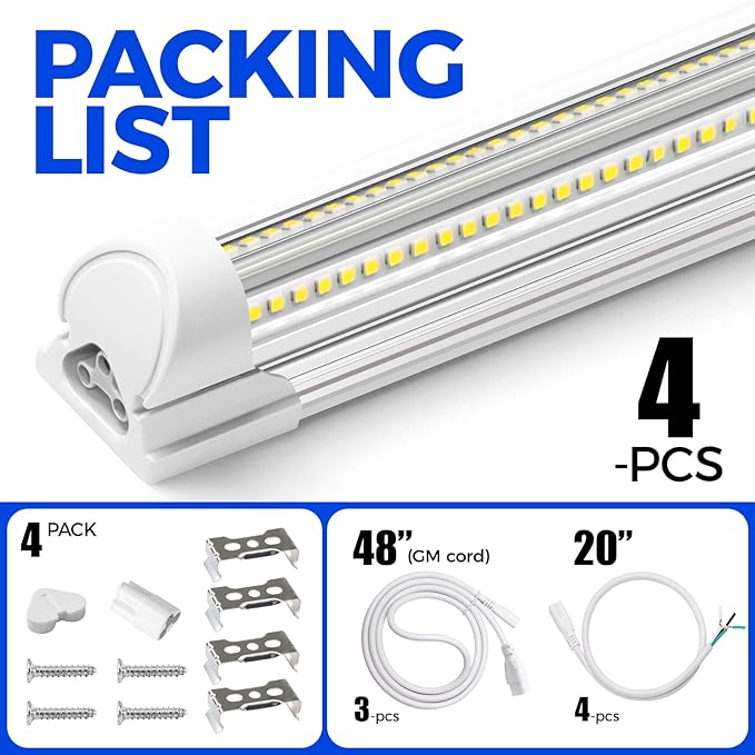 Barrina LED Shop Lights, 8FT 100W 15000LM 6500K, Super Bright White, V Shape, Clear Cover, High Output, Linkable, T8 LED Tube Light, for Garage 8 Foot with Plug (Pack of 4)