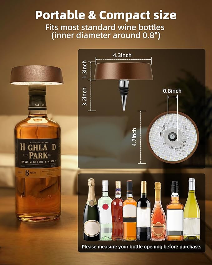 Wireless Bottle Lamp Shade, Rechargeable Wine Bottle Lights for Liquor Bottles, RGB, Touch Control 3 Color Temperatures, Dimmable, Outdoor Waterproof, Restaurant & Home Bar Décor, Gift, Brown 1Pc