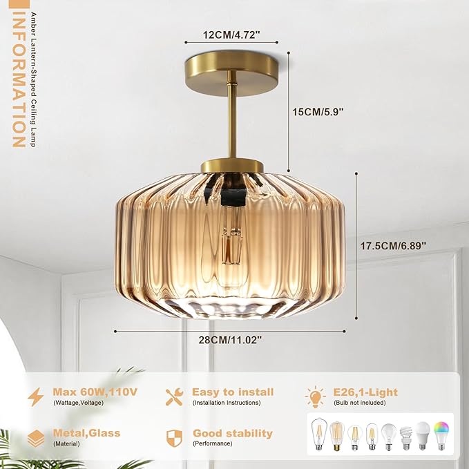 Amber Glass Flush Mount Ceiling Light Fixture, 11.02 Inch Modern Dome Light with Warm Gold Finish for Bedroom, Kitchen, Textured Glass Shade, Easy to Install, 1-Light E26 Socket