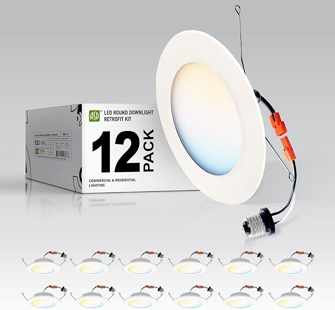 ASD 12 Pack Retrofit LED Recessed Lighting 6 Inch - 12W 2700K-5000K 971LM Flat Can Lights for Ceiling 6 Inch, Dimmable Recessed Lights, Wet Rated Wafer Lights, ETL